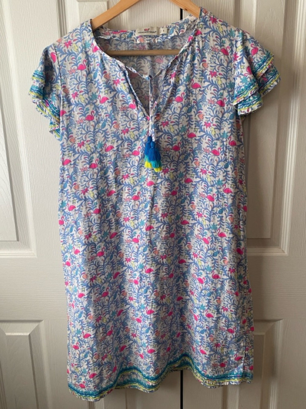 vineyard vines Floral Flamingos 100% Linen Shift Dress in Otomi Bimini Blue S